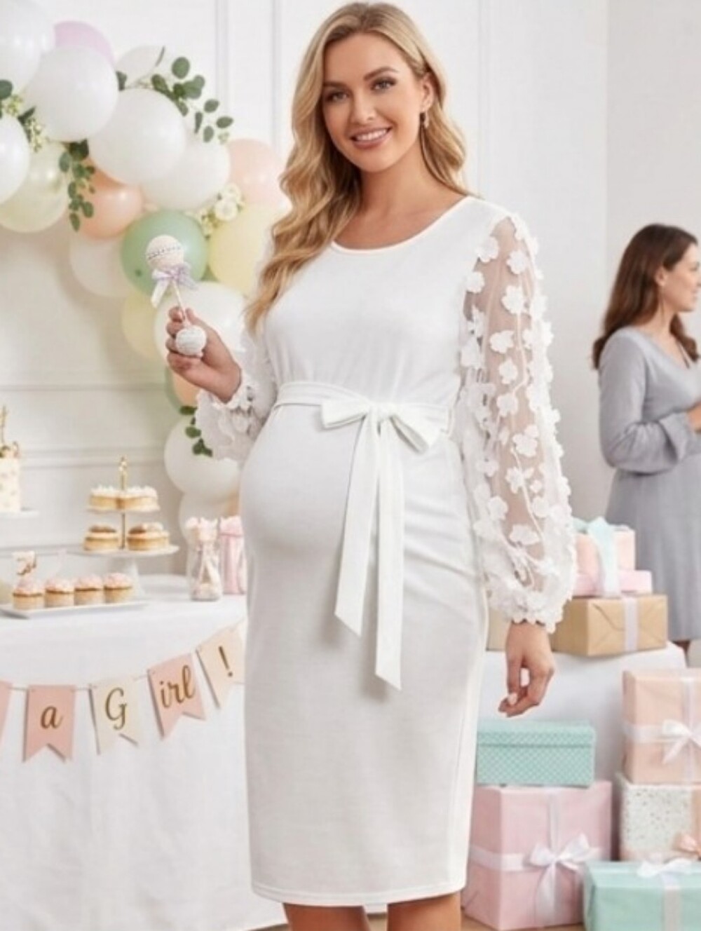 White Floral Mesh Sleeve Maternity Midi Dress - Size Large
